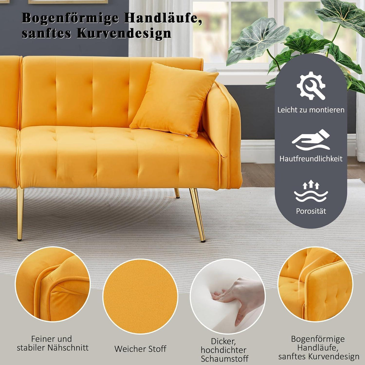 2-Sitzer Schlafsofa mit verstellbarer Rückenlehne (Gelb)