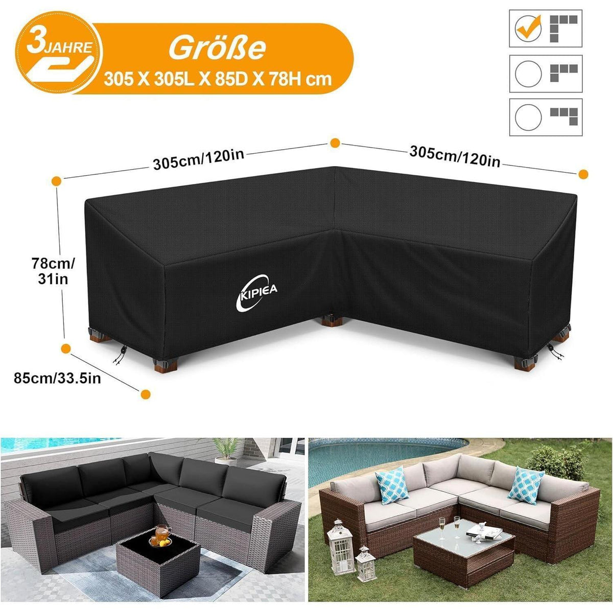 L-Form Abdeckplane Gartenmöbel Winterfest 305x305x85cm