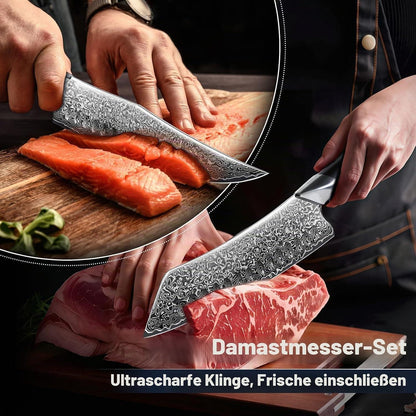 3-teiliges Damastmesser-Set | Japanische Küchenmesser für Profi & Hobby