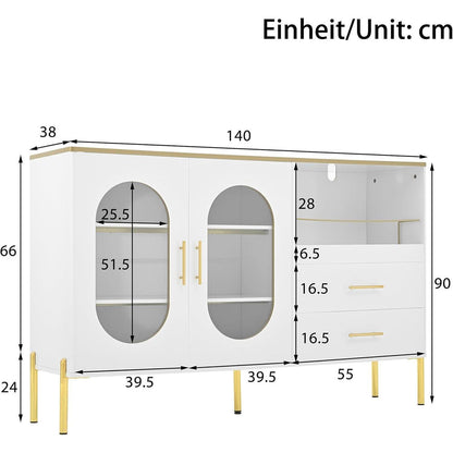 Modernes Sideboard Weiß & Gold mit 2 Schubladen & Glastüren