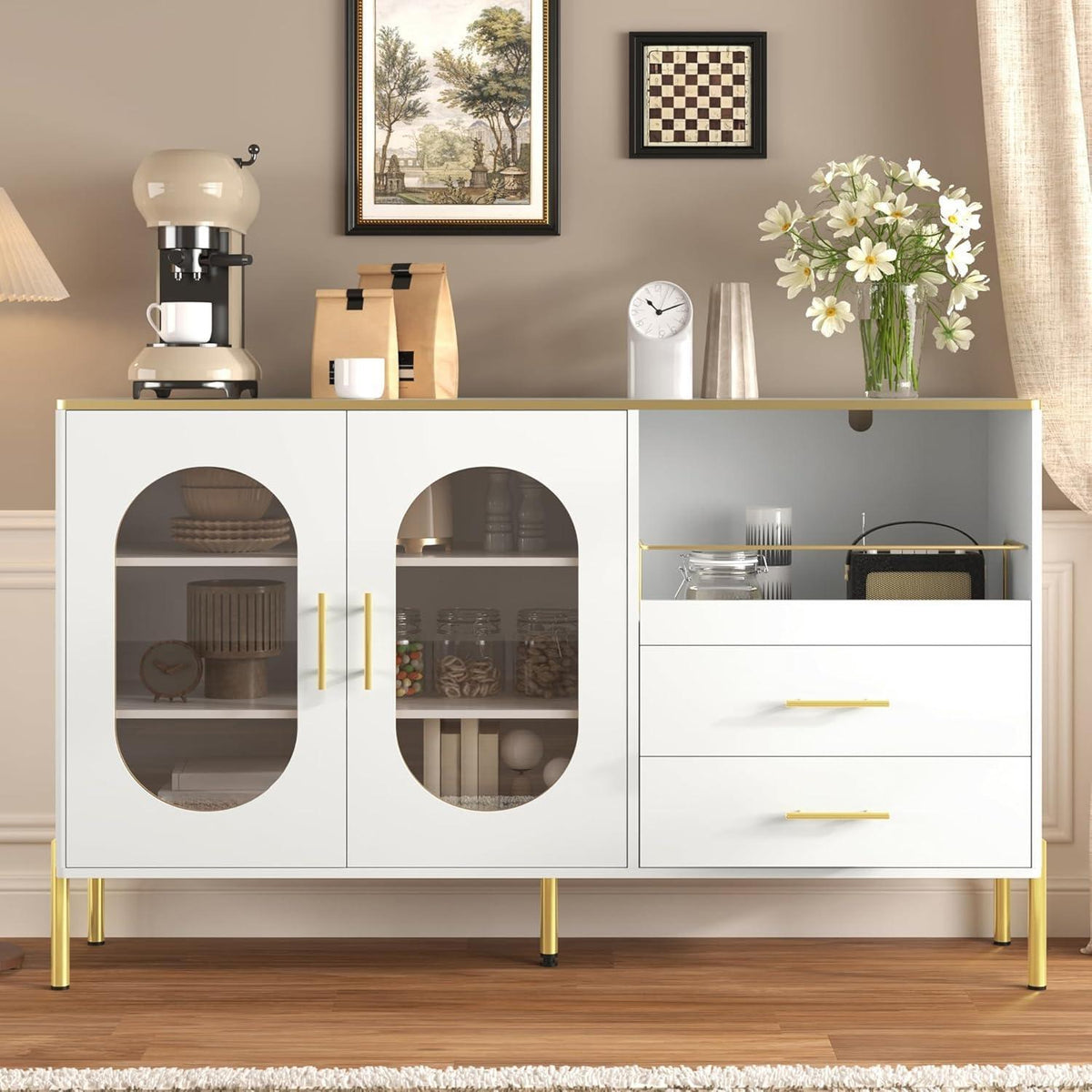 Modernes Sideboard Weiß & Gold mit 2 Schubladen & Glastüren