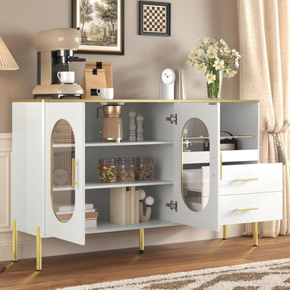 Modernes Sideboard Weiß & Gold mit 2 Schubladen & Glastüren