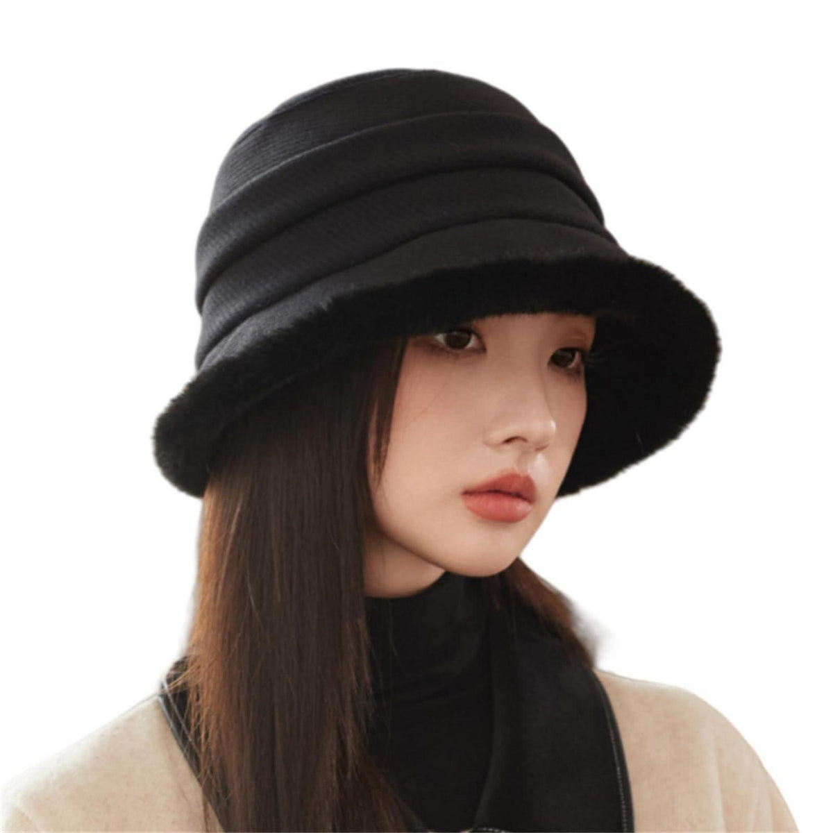 Warmer Damen Fischerhut Winter Vintage Glockenhut Schwarz