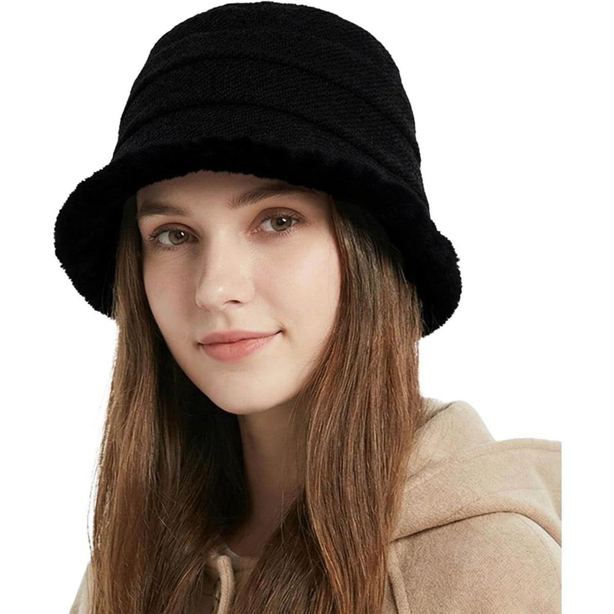 Warmer Damen Fischerhut Winter Vintage Glockenhut Schwarz