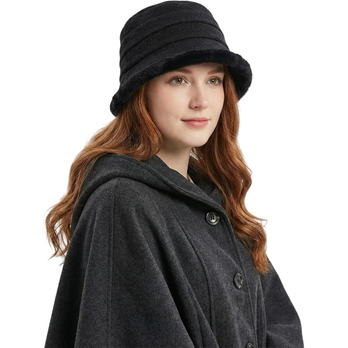 Warmer Damen Fischerhut Winter Vintage Glockenhut Schwarz