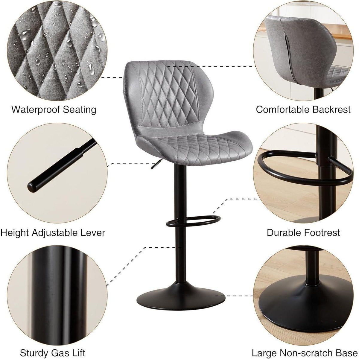 Barhocker mit Lehne, Höhenverstellbar, Grau, 3er Set