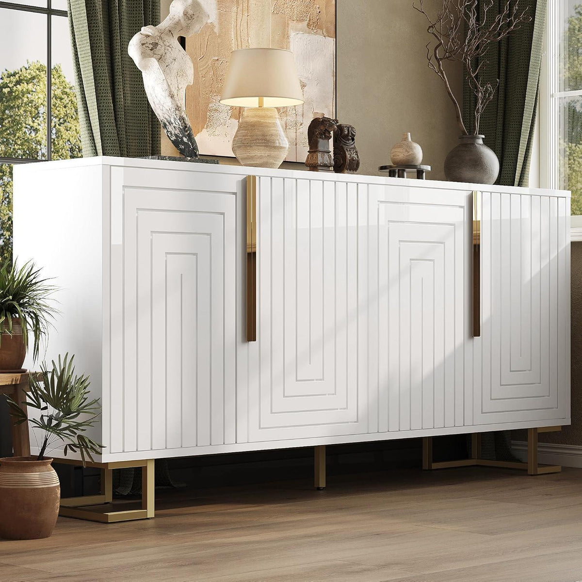 Geometrischer Schrank mit 2 Türen – Weiß, 152x40x75cm