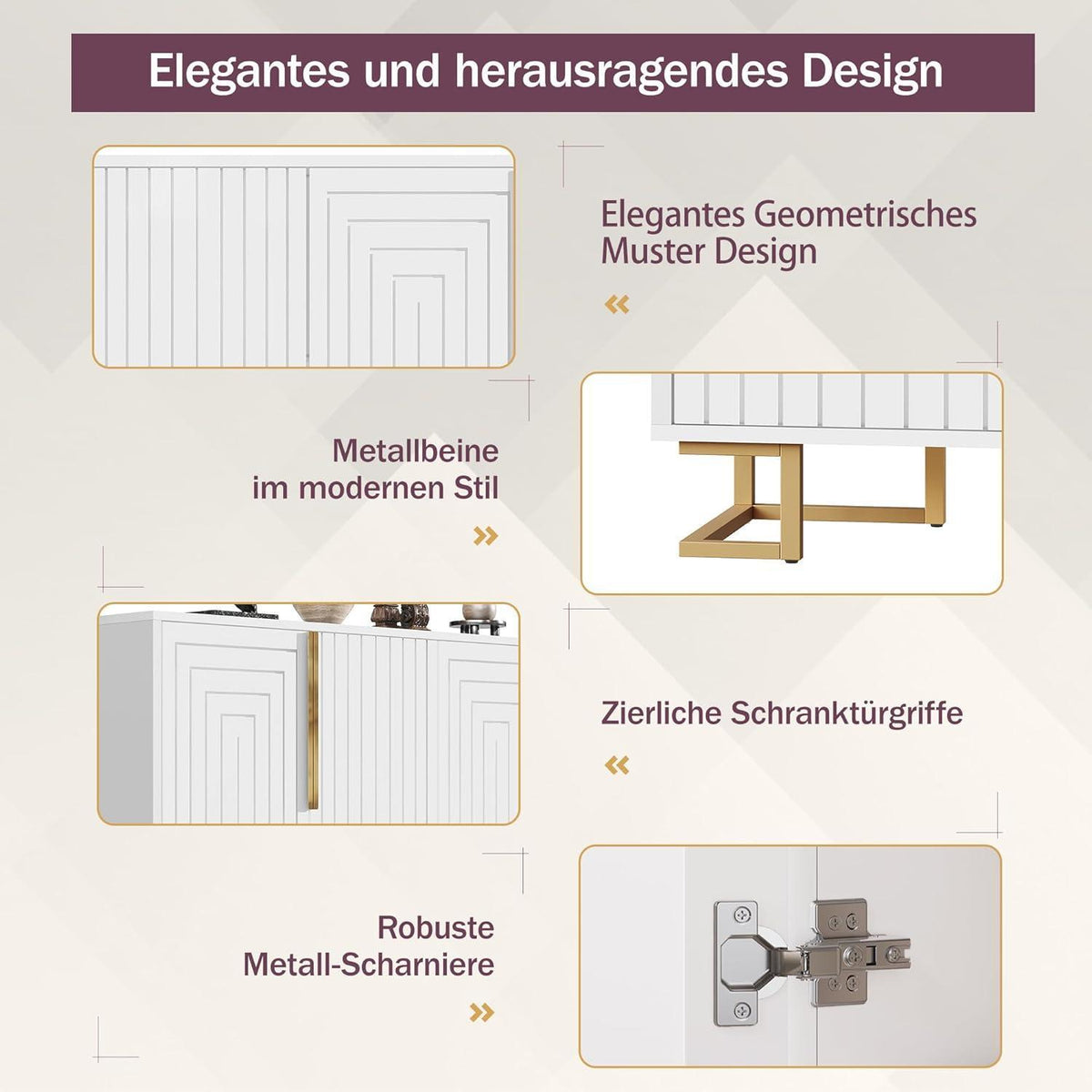 Geometrischer Schrank mit 2 Türen – Weiß, 152x40x75cm