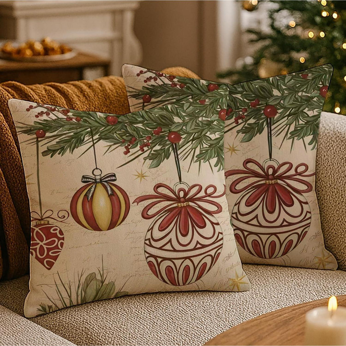 2er Set Winter Weihnachten Kissenbezüge 40x40 cm - Grüne Pflanzen Deko