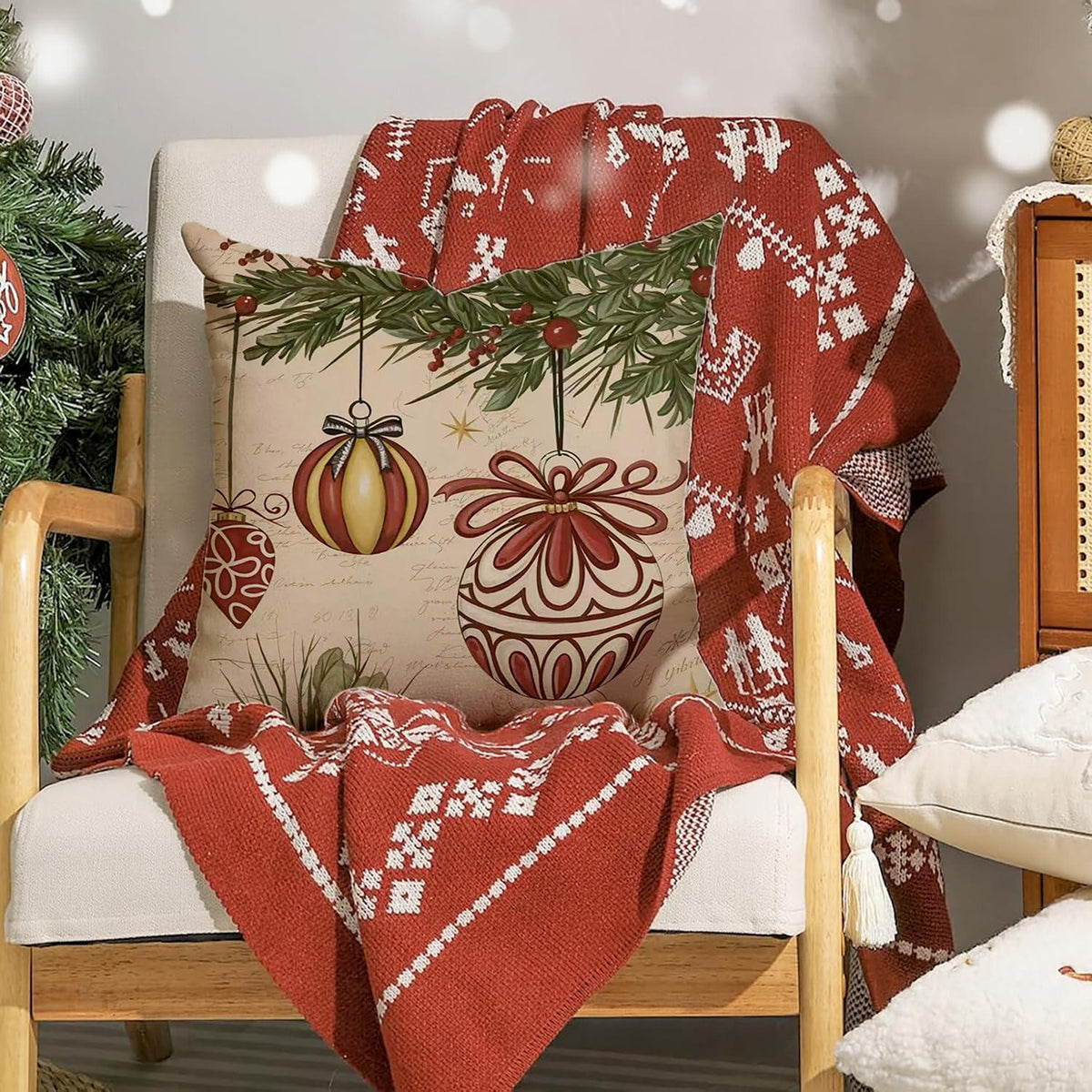 2er Set Winter Weihnachten Kissenbezüge 40x40 cm - Grüne Pflanzen Deko