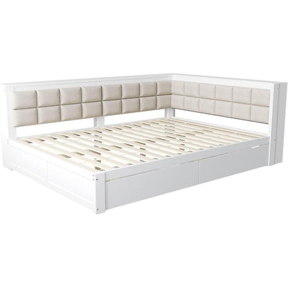 Holzbett 140x200 mit Stauraum & weicher Rückenlehne – Weiß