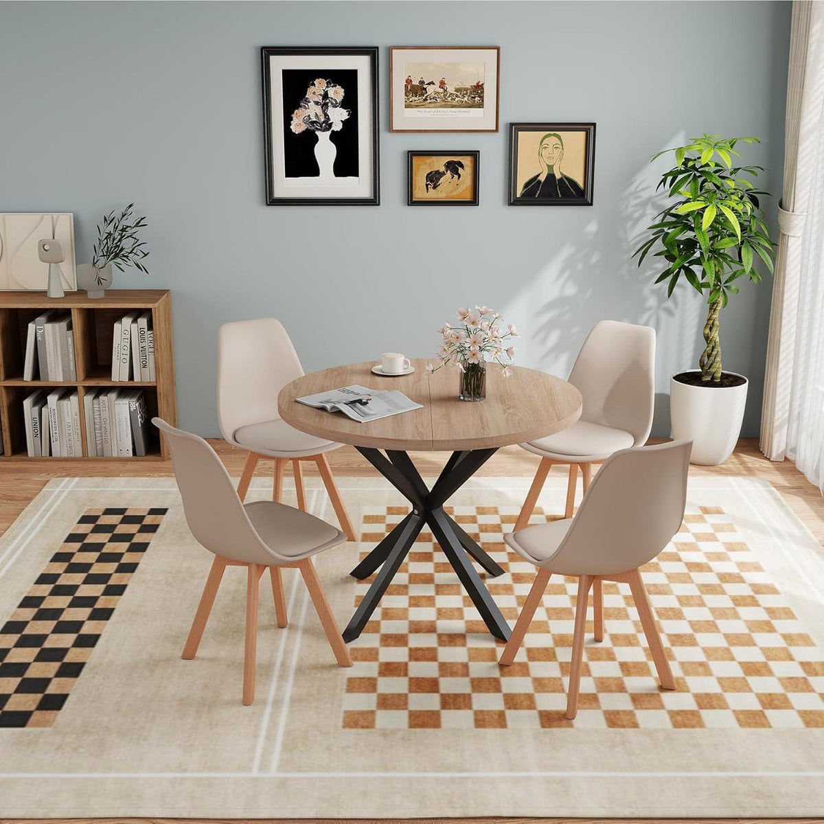 Runder Esstisch Set Holz 100x100cm mit 4 Stühlen Khaki