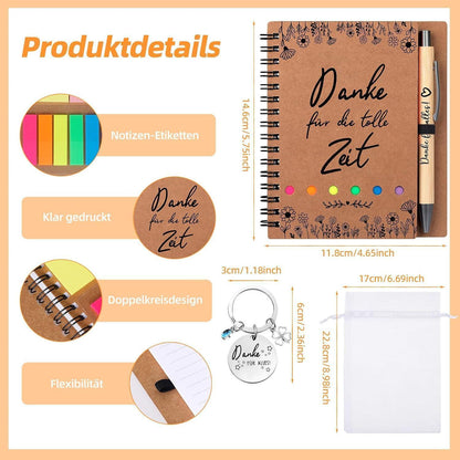 Dankeschön Geschenkset: Notizbuch, Stift, Schlüsselanhänger & Beutel