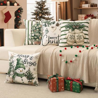 Weihnachtliche Kissenbezüge 4er Set, 45x45 cm, Schneemann Grün