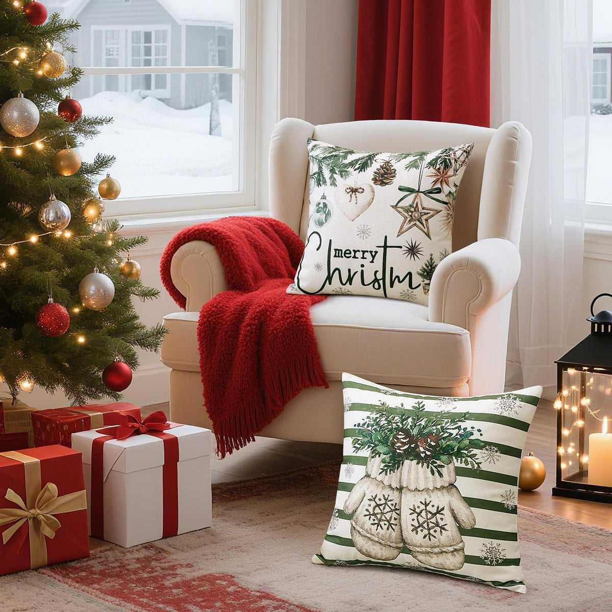 Weihnachtliche Kissenbezüge 4er Set, 45x45 cm, Schneemann Grün
