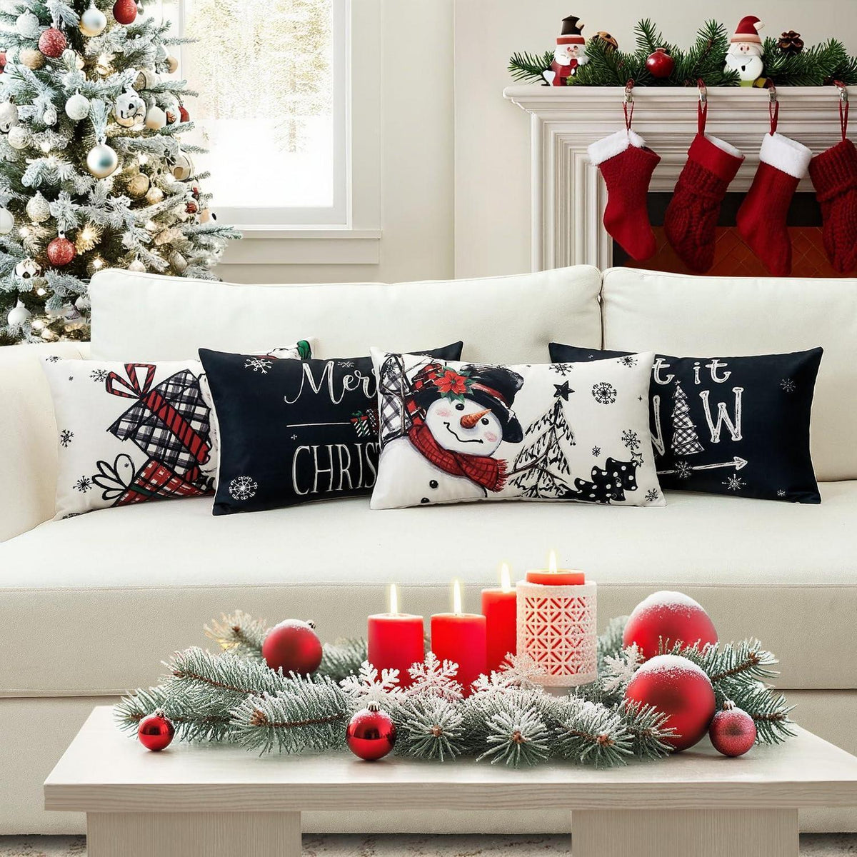 Weihnachtliche Kissenbezüge 4er Set – Weihnachtsmann & Schneemann 40x60 cm