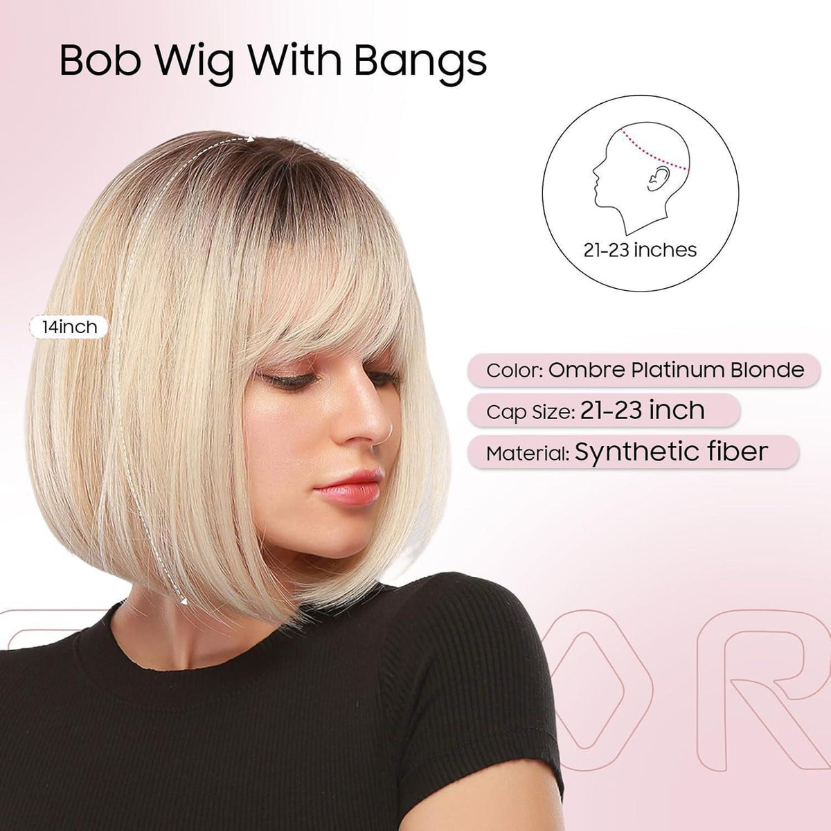 Ombre Platinblond Bob Perücke mit Pony – Synthetisch & Verstellbar