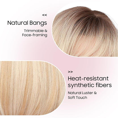 Ombre Platinblond Bob Perücke mit Pony – Synthetisch & Verstellbar