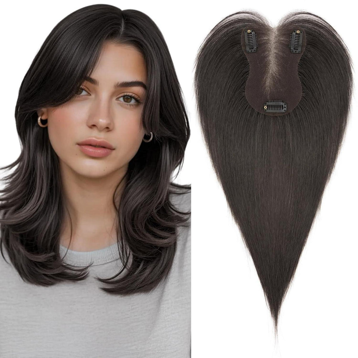 Echthaar Topper Mittelscheitel Schwarz – Pony & Volumen