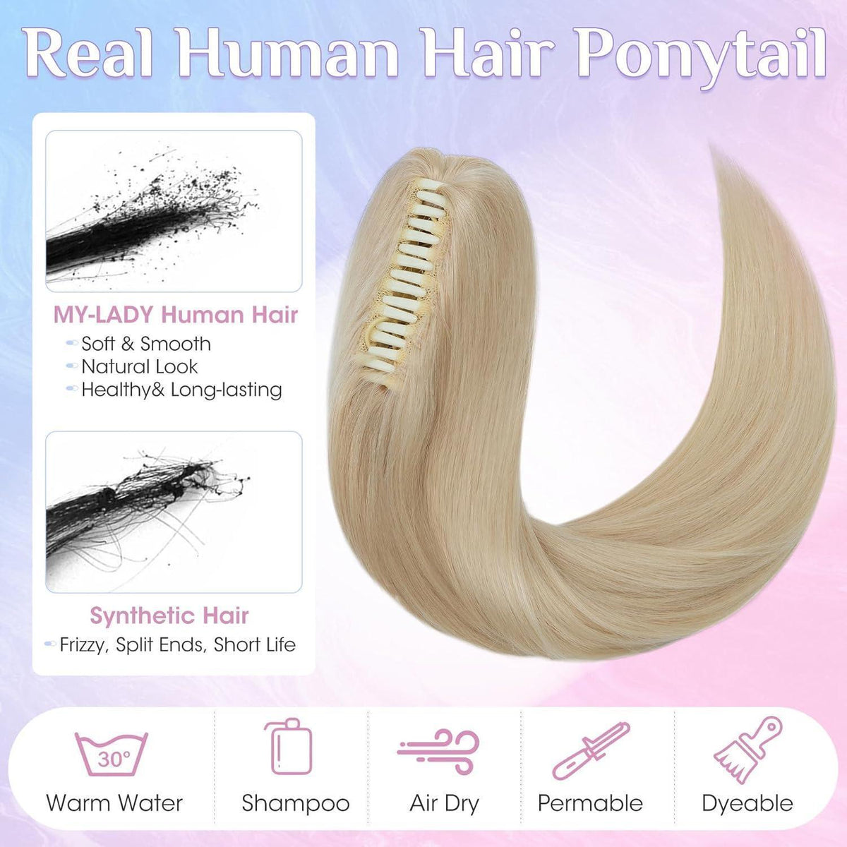 Echthaar Pferdeschwanz Clip-In, 35cm, Platinblond