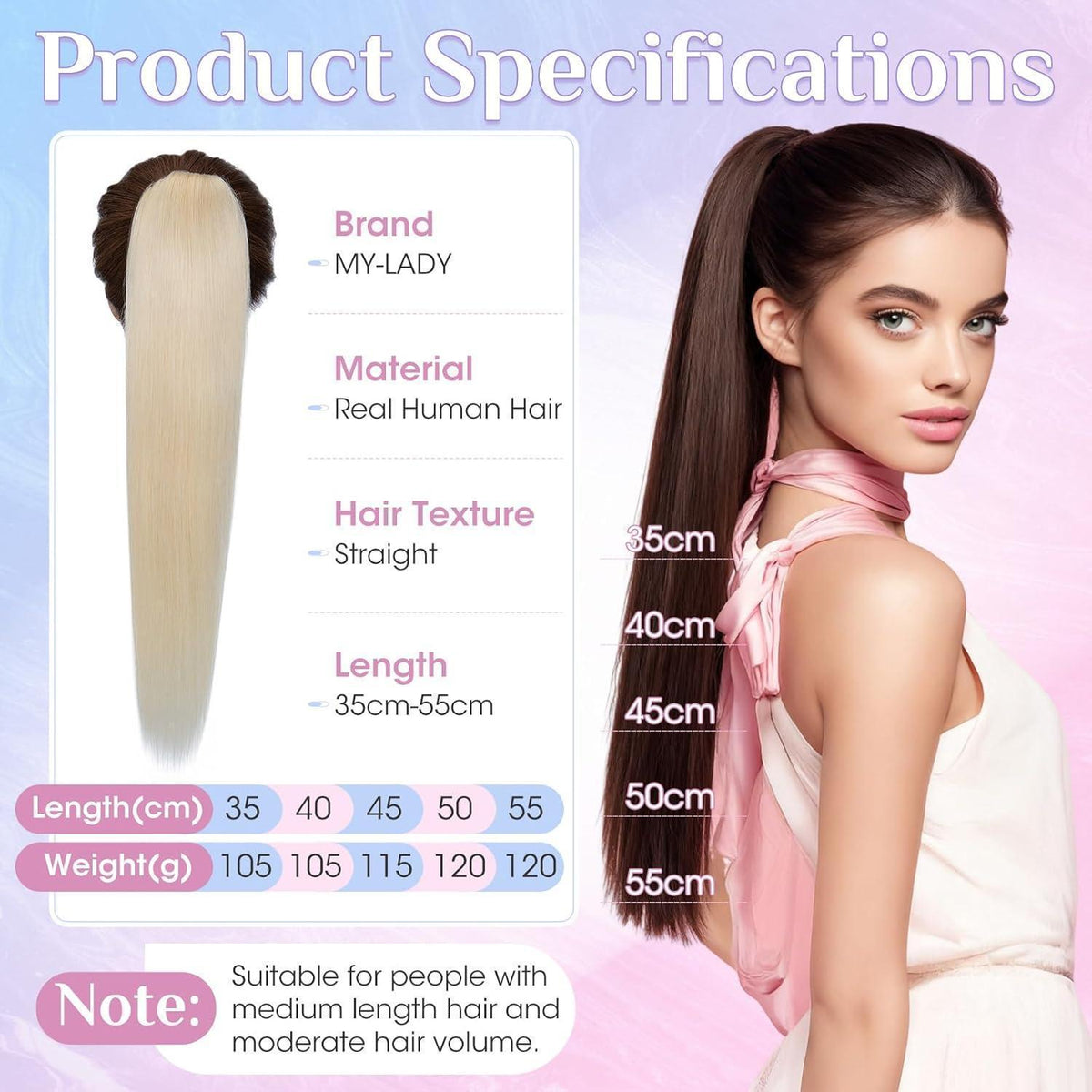 Echthaar Pferdeschwanz Clip-In, 35cm, Platinblond