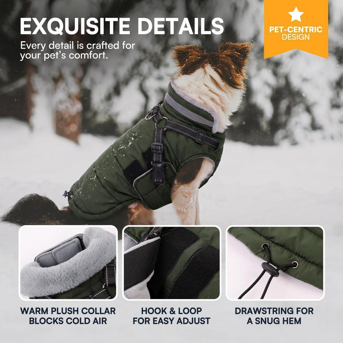 Warmer, wasserdichter Hundemantel Grün S | Winterjacke mit Geschirr