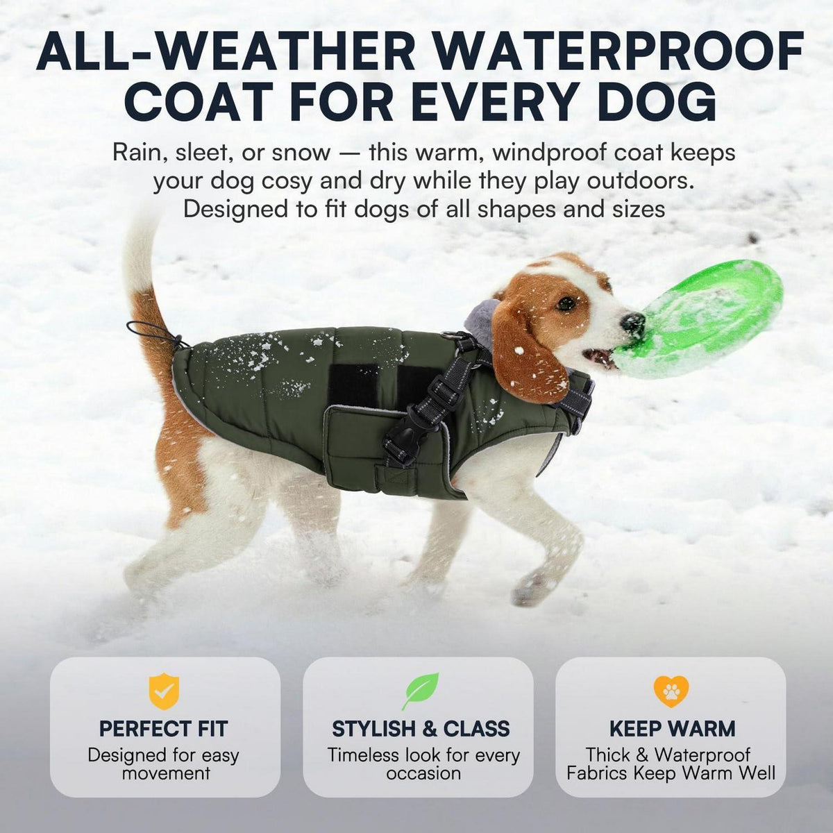 Warmer, wasserdichter Hundemantel Grün S | Winterjacke mit Geschirr