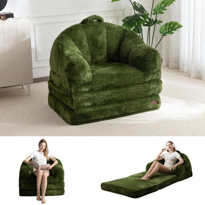 Klappsofa mit Kunstfell – Bequemer Sitzsack & Schlafsessel Dunkelgrün