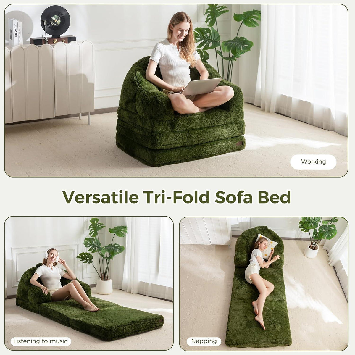 Klappsofa mit Kunstfell – Bequemer Sitzsack & Schlafsessel Dunkelgrün