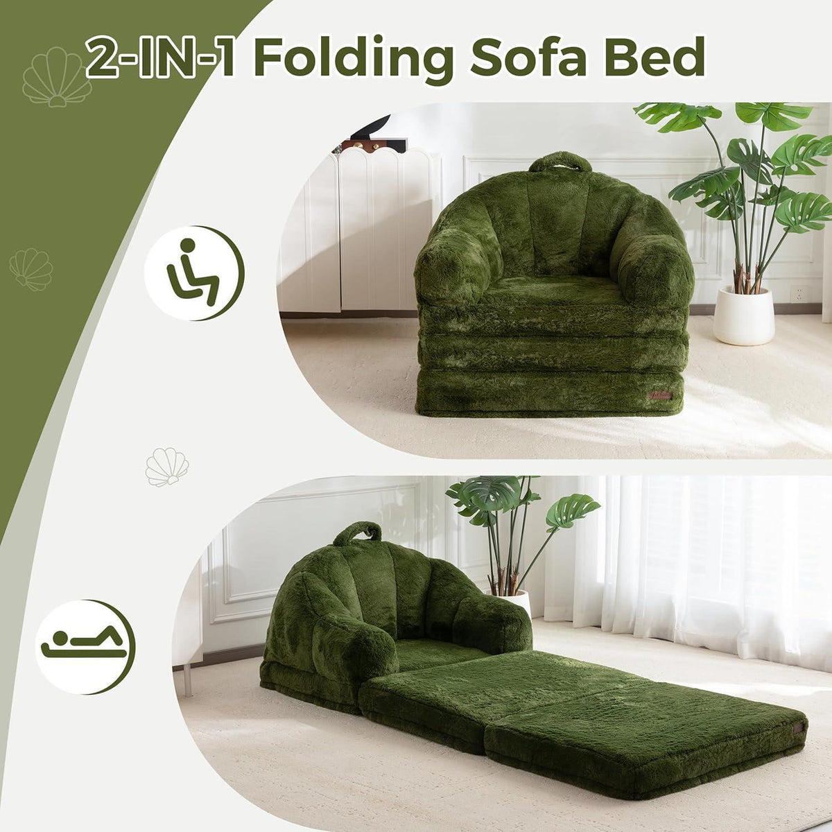 Klappsofa mit Kunstfell – Bequemer Sitzsack & Schlafsessel Dunkelgrün