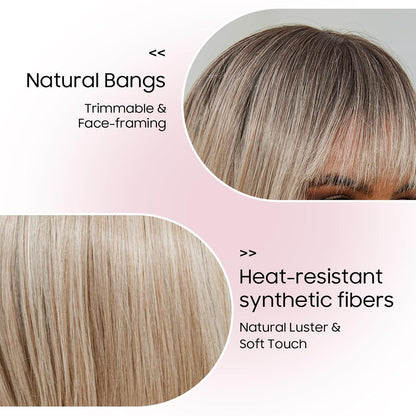 Bob Perücke mit Pony, Ascheblond Ombre, Synthetisch & Natürlich