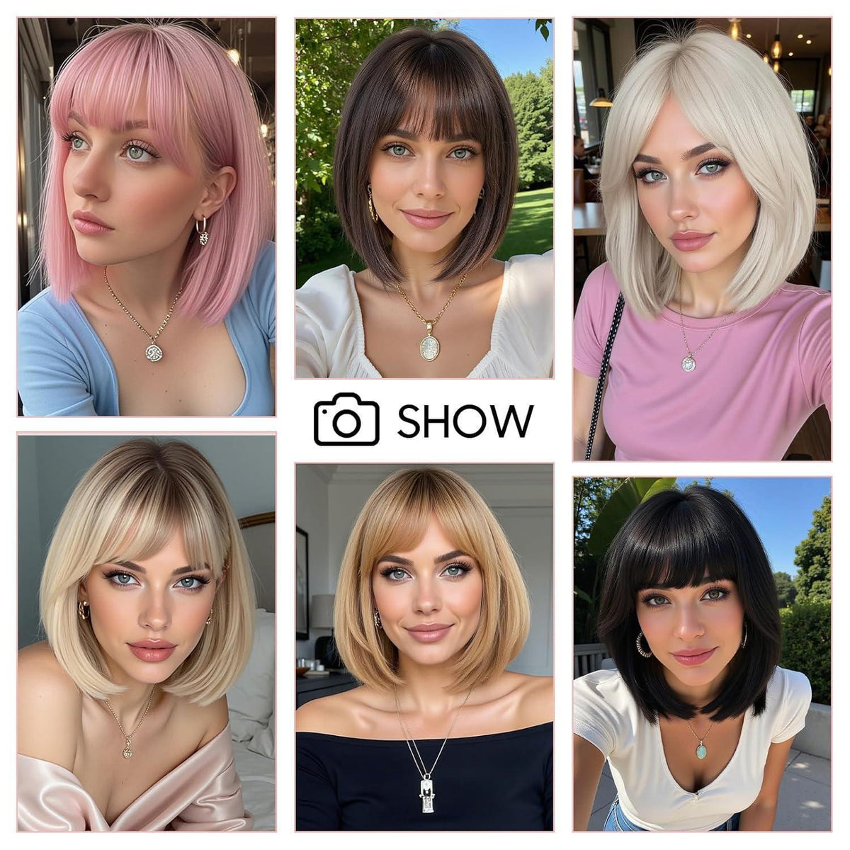 Bob Perücke mit Pony, Ascheblond Ombre, Synthetisch & Natürlich