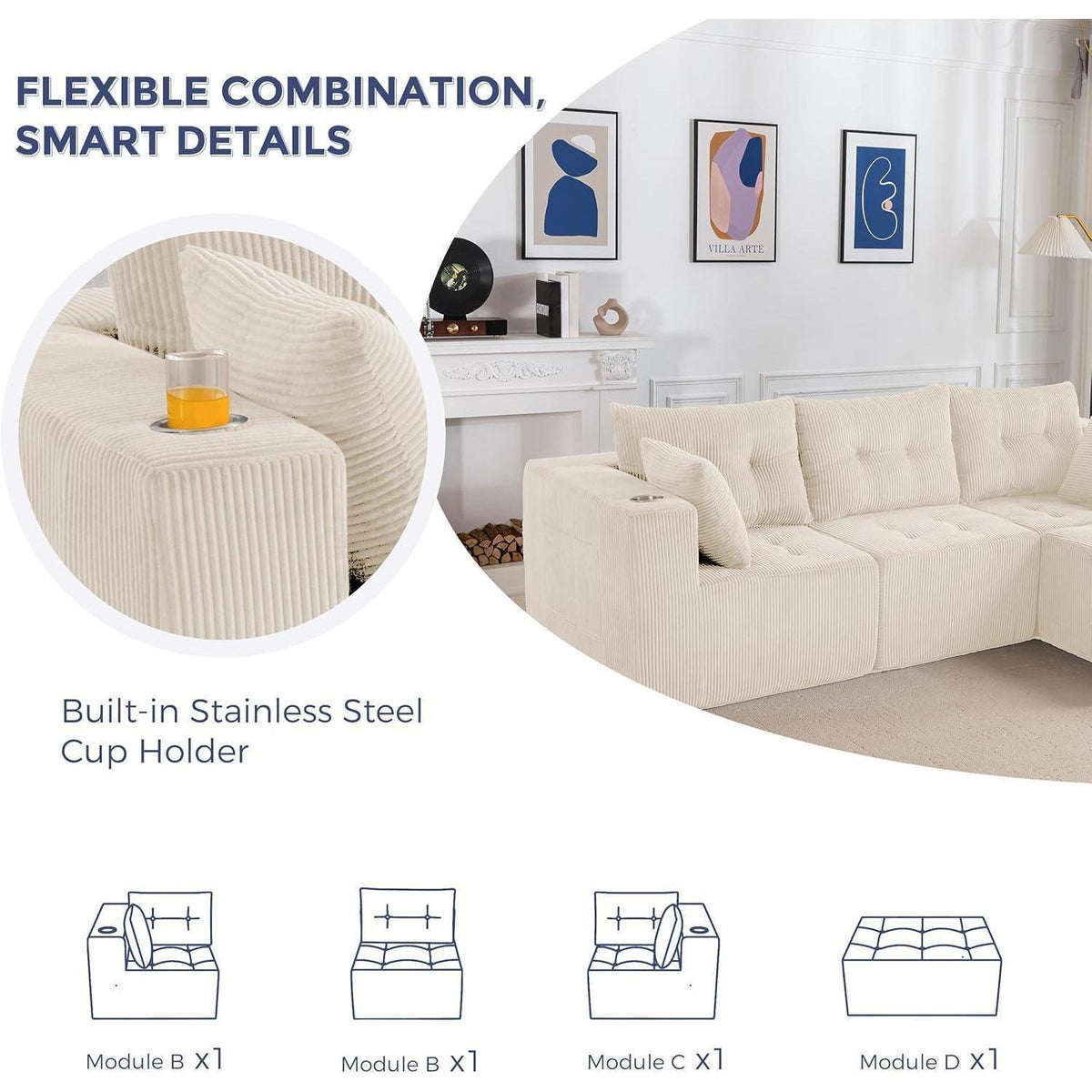MAXYOYO Ecksofa Cord Stoff mit Getränkehaltern, Modular & Bequem