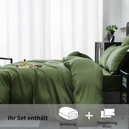 Olivgrüne Bettwäsche Set 200x200cm | 3-teilig, Mako Satin Baumwolle
