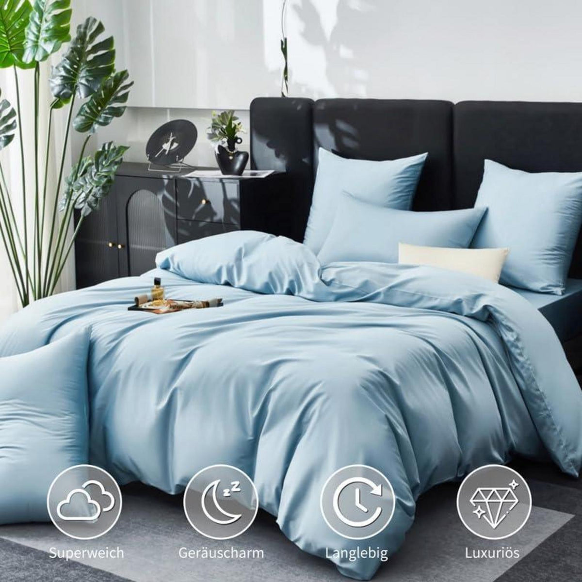 Mako Satin Bettwäsche Set 200x220 - Hellblau, 3-teilig