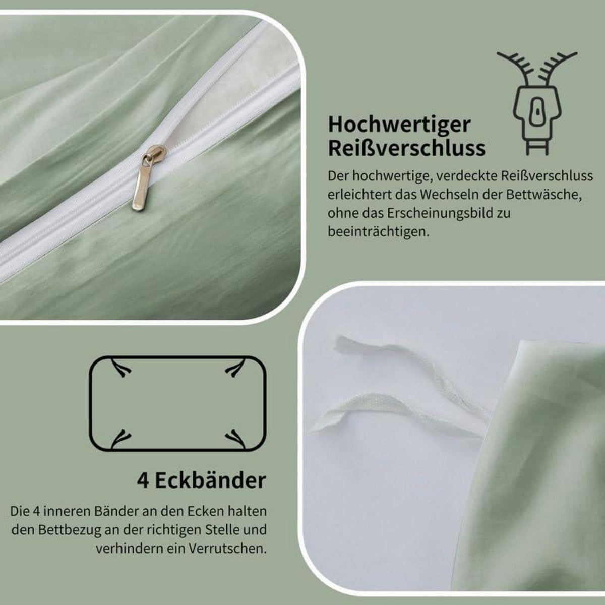 Mako Satin Bettwäsche Set 135x200cm Grün Salbeigrün 4tlg.