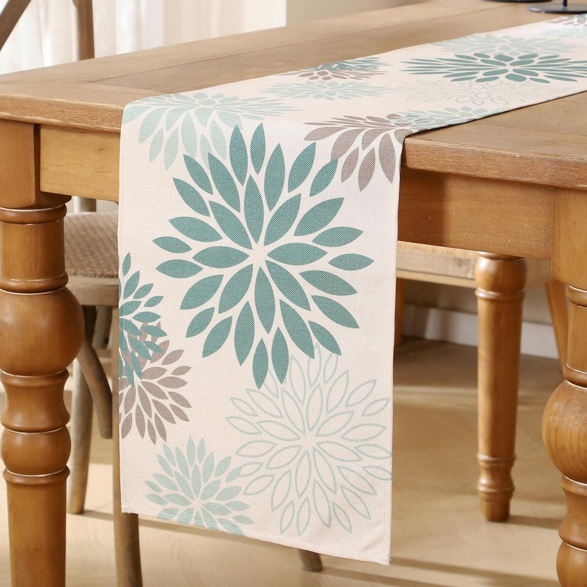 Tischläufer Blumen Salbeigrün Dahlie Boho Leinen 40x180 cm