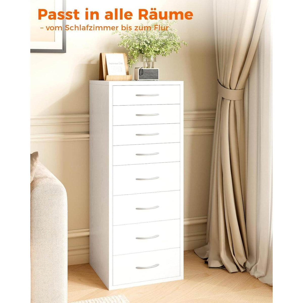 Weiße Kommode mit 8 Schubladen – Schmaler Schubladenschrank