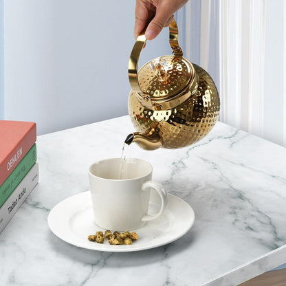 Gehämmerte Gold Teekanne Edelstahl 2L mit Sieb
