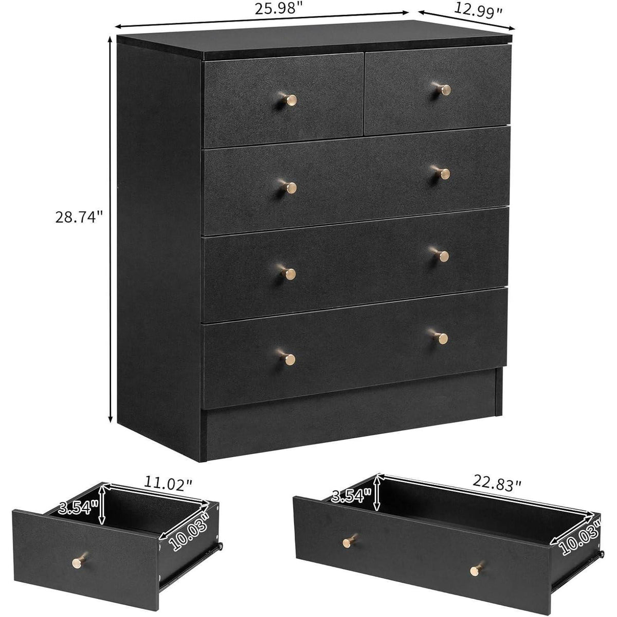 Kommode 5 Schubladen Schwarz – Schlafzimmer Sideboard mit Stauraum