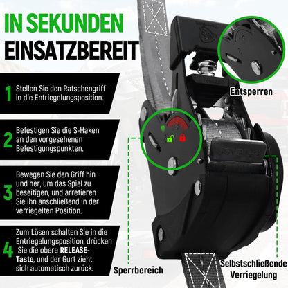 Automatischer Spanngurt-Set 3,6m mit S-Haken – 4er Pack