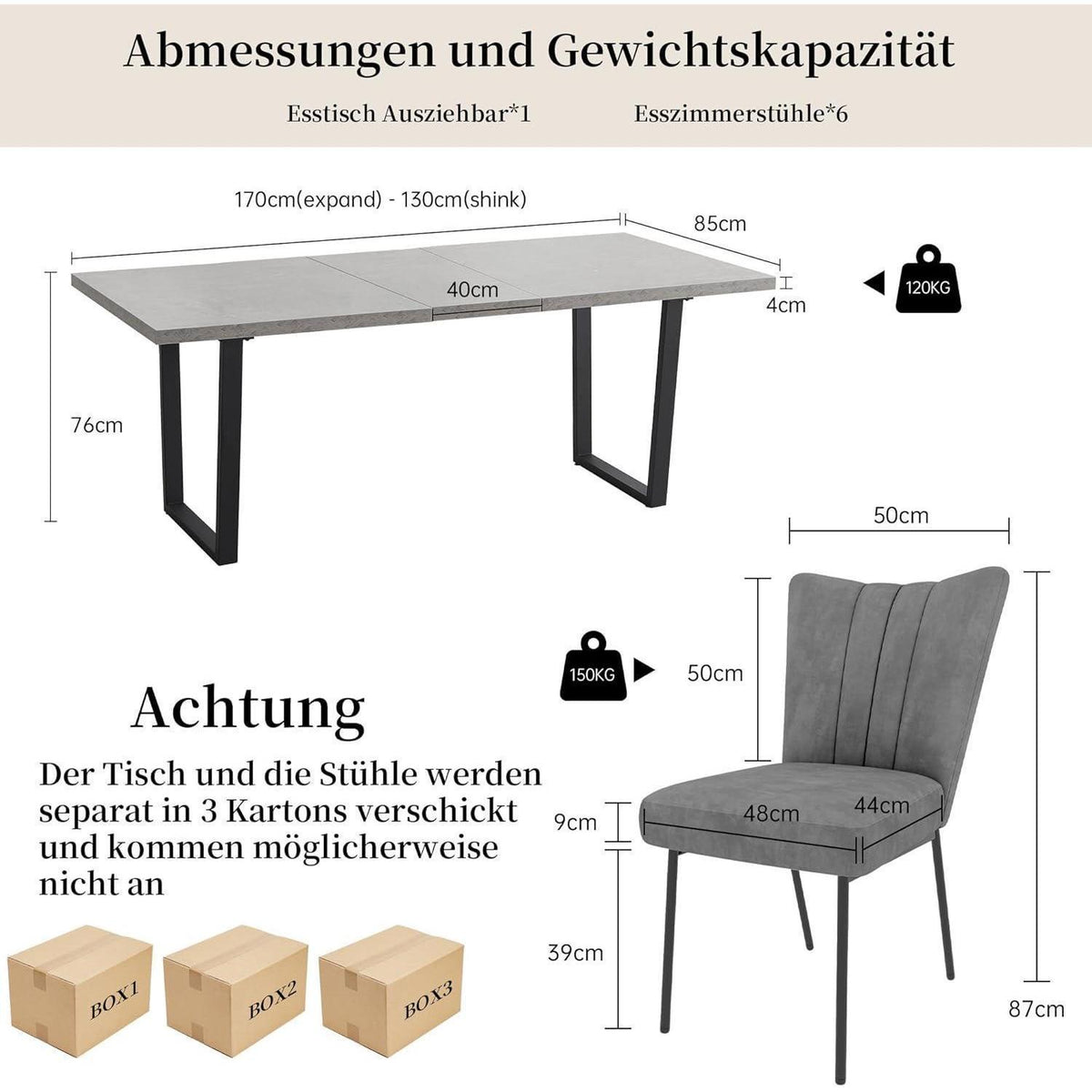Ausziehbarer Esstisch Set mit 4-6 Grau Stühlen