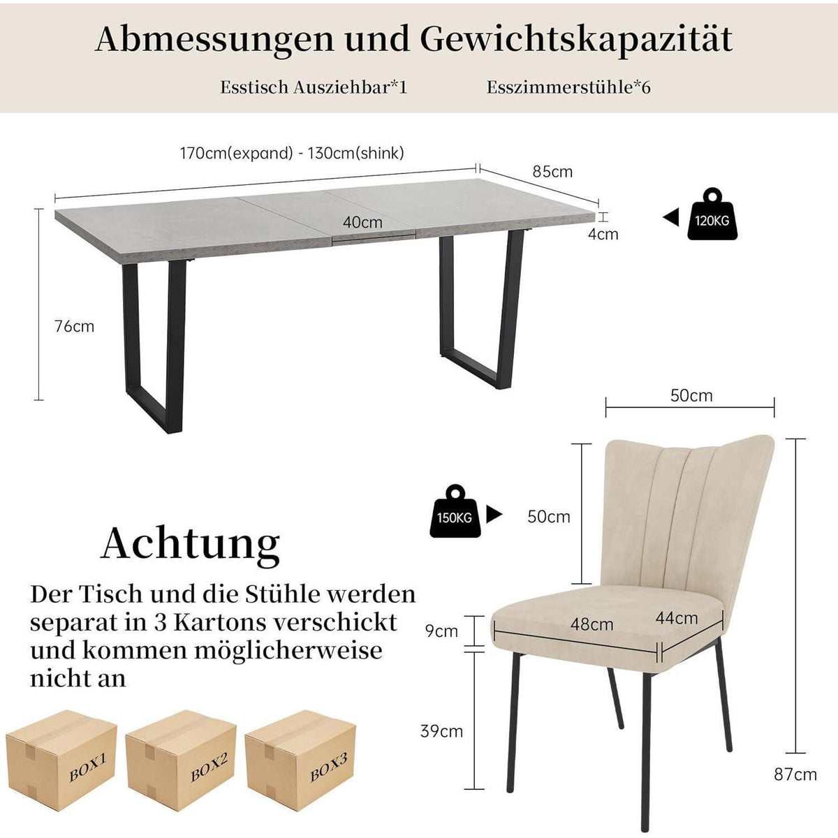 Ausziehbarer Esstisch mit 4 Beige Stühlen – Essgruppe für Wohnzimmer