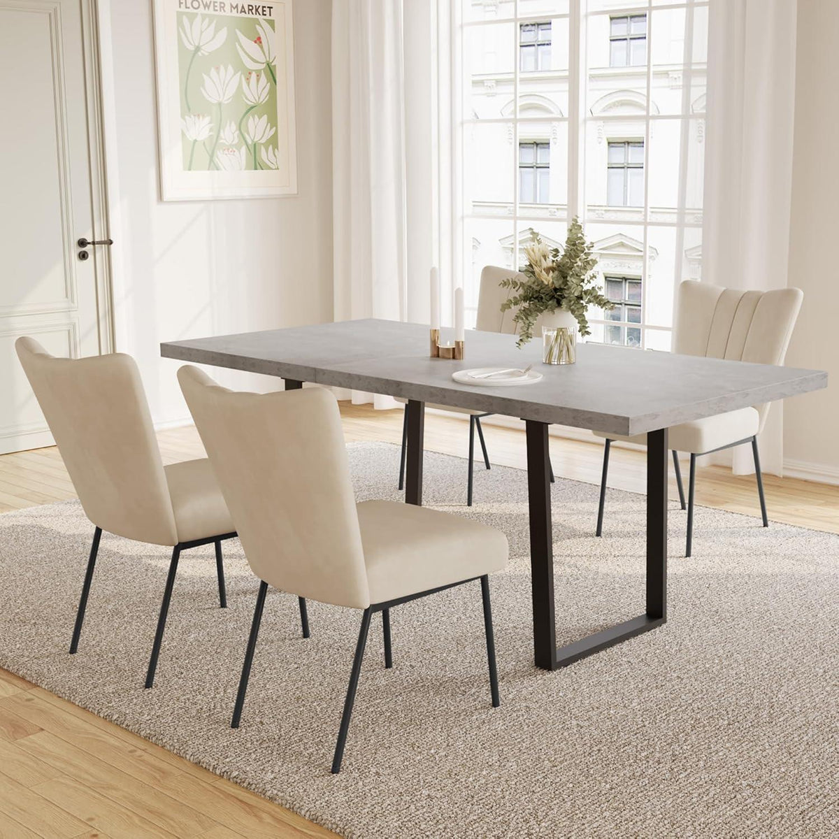 Ausziehbarer Esstisch mit 4 Beige Stühlen – Essgruppe für Wohnzimmer