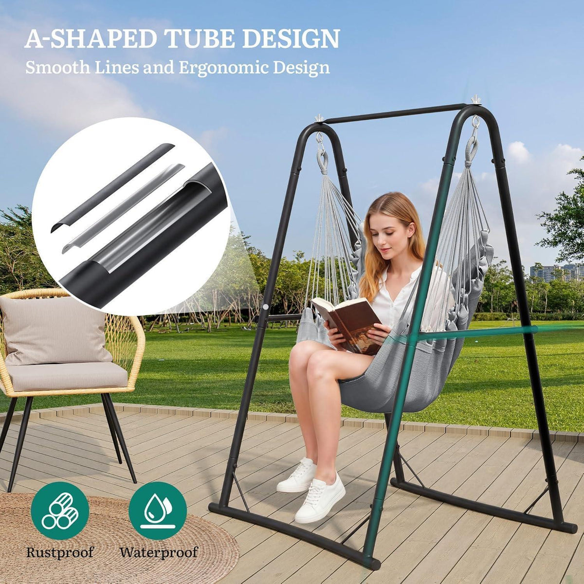 Hängesessel mit Gestell & Kissen – Grau für Terrasse & Garten