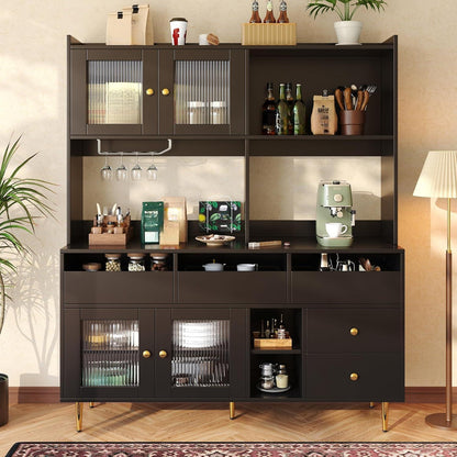 Küchenschrank Hochschrank mit Glastür & Weinregal, Schwarz