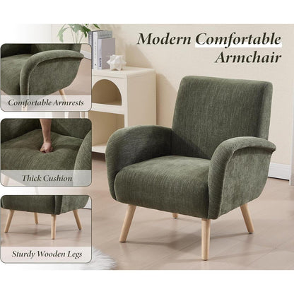 Chenille Loungesessel mit Holzbeinen – Grün