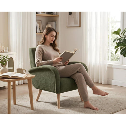 Chenille Loungesessel mit Holzbeinen – Grün