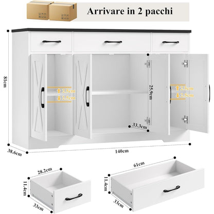 Sideboard 140cm mit Schubladen & Regalen – Weiß & Schwarz