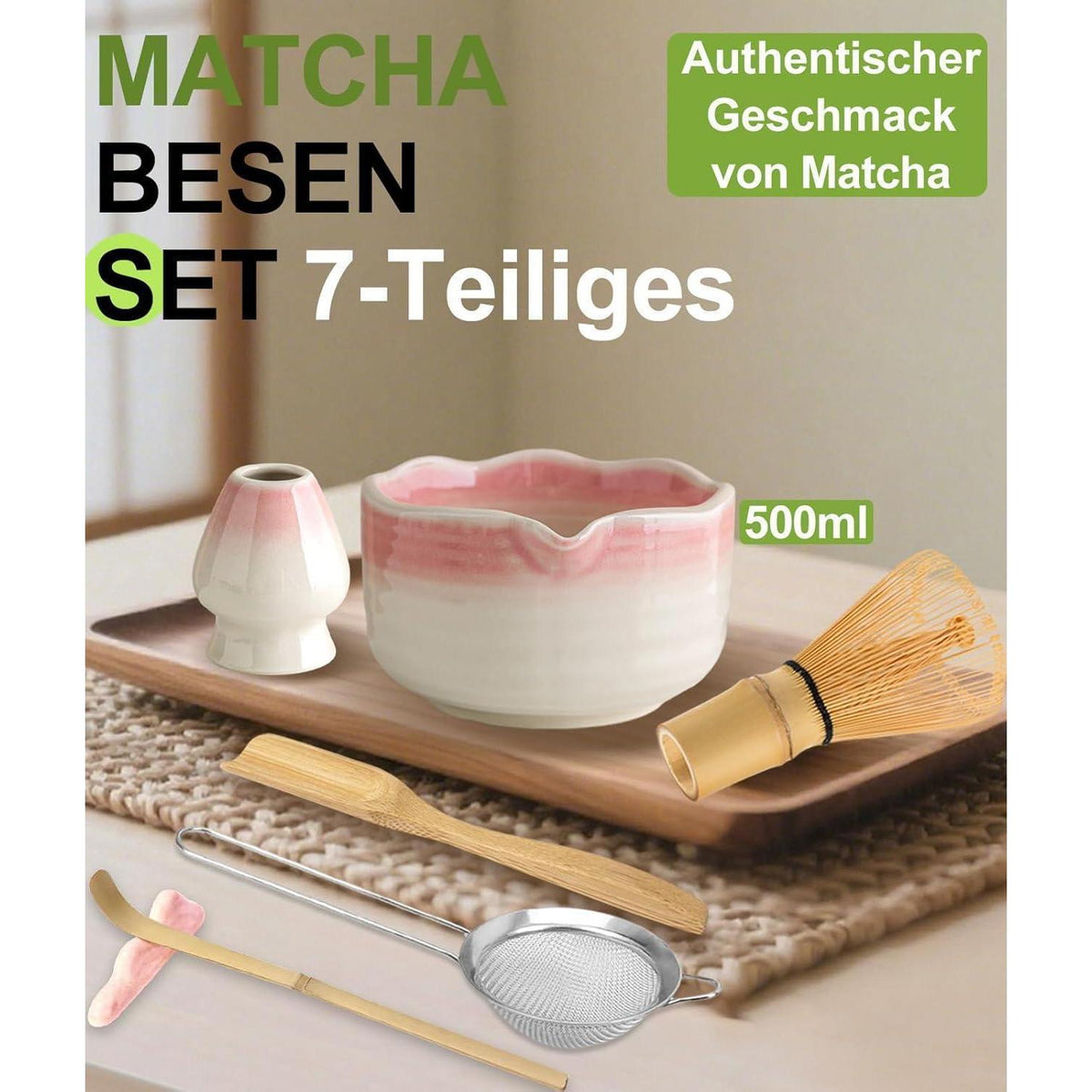 Matcha Set 7-teilig | Handgefertigter Bambus Besen & Keramik Schale